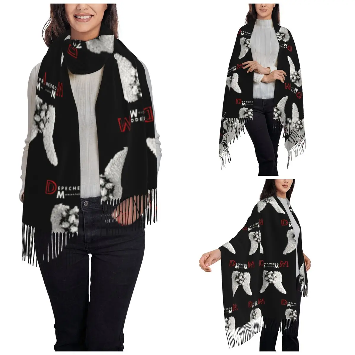 Womens Scarf with Tassel DM White Wings Long Winter Warm Shawl and Wrap Depeches Mode Daily Wear Pashmina Scarves