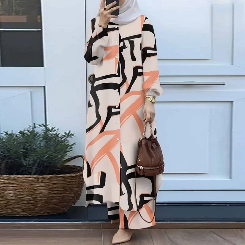 

Floral Print Two-piece Set Spring Autumn Clothing Retro Long Shirt & Wide Leg Pants Muslim Women's Fashion Set
