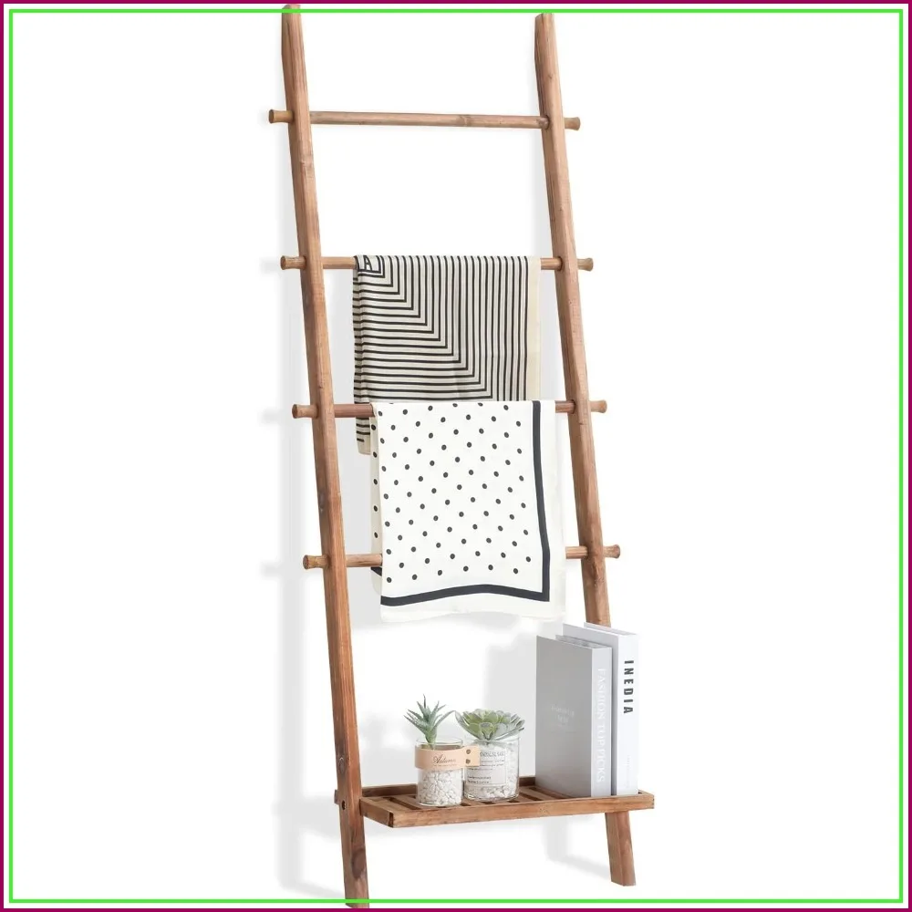 

5ft Wood Blanket Ladder with Bottom Shelf for Living Room Decorative Wall Leaning Farmhouse Quilt Display Holder Storage Rustic Wooden Towel Rack for Bathroom