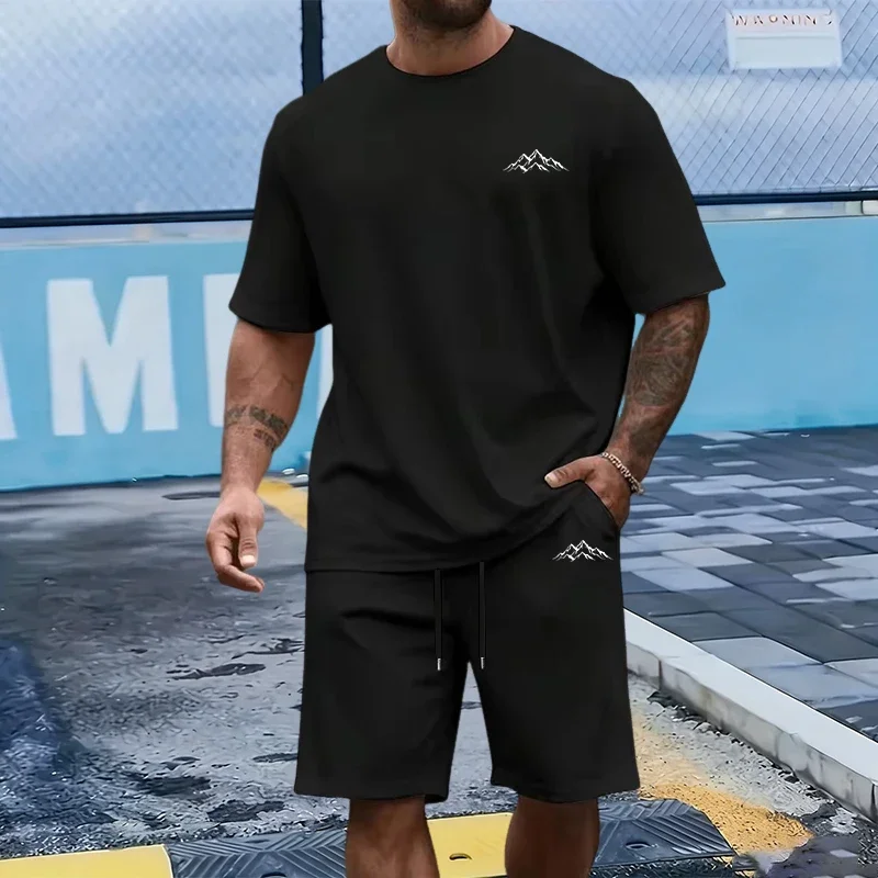 Summer Daily Causal Sports Short Sleeve Outfit Home Outdoor Comfort Suits Men's Set 100% Cotton T-shirt and Knee-length Shorts
