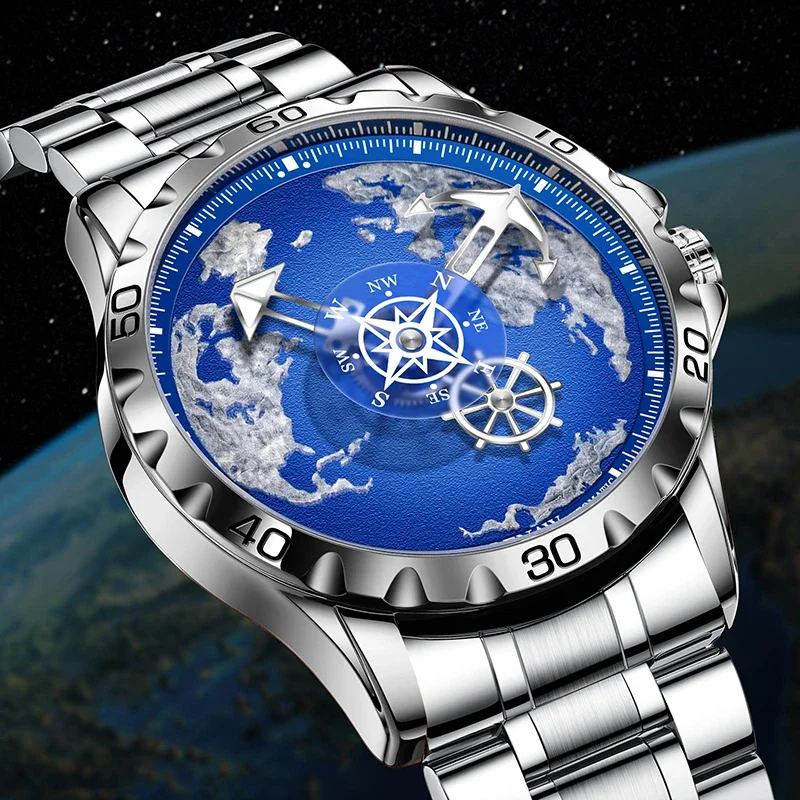 ساعة رجالية فاخرة من الفولاذ المقاوم للصدأ ساعة مضيئة بتصميم مؤشر مرساة مقاومة للماء ساعة رياضية خارجية Relogio Masculino
