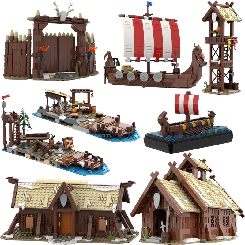 

MOC средневековый морской парусник, набор строительных блоков, деревня викингов, архитектурная модель часовой башни, детские игрушки-головоломки, подарок на день рождения для взрослых