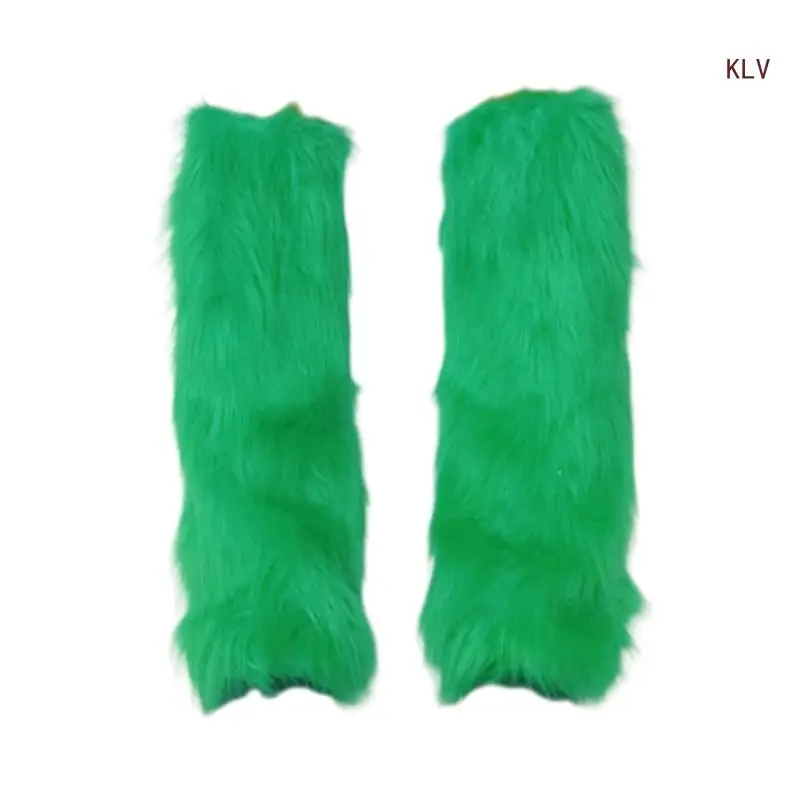 Fuzzy Boot Cuffs Leg Warmer for Women Girls Japanese Aesthetic Punk Solid Green Plush Leg Cover Knee Length Sock