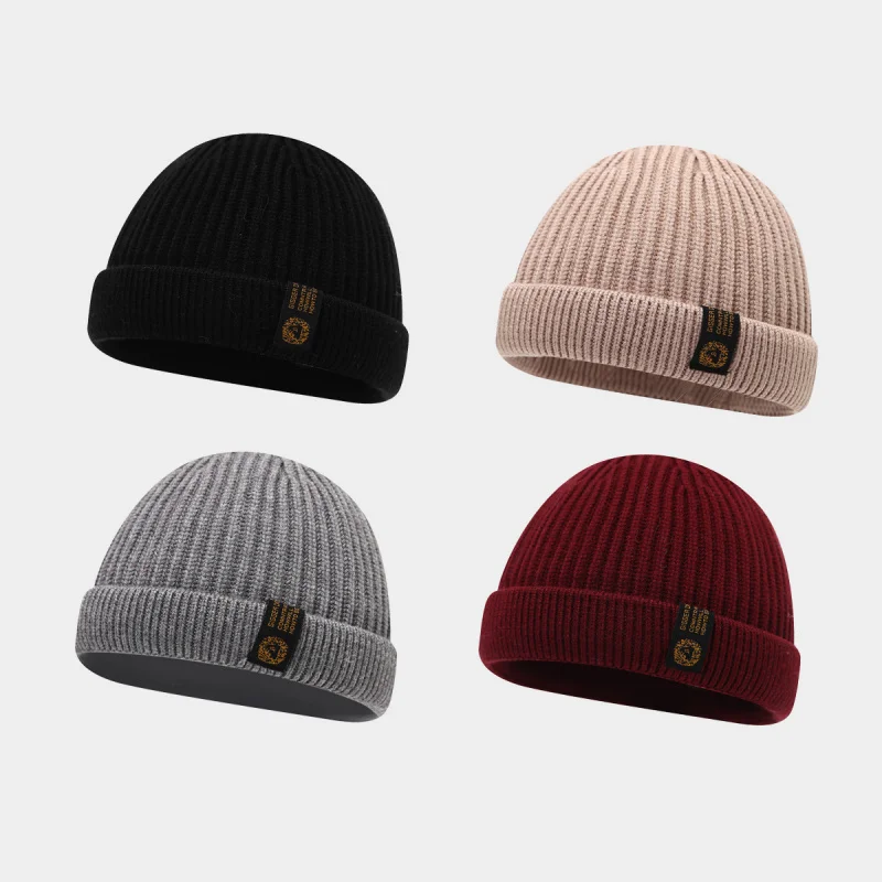 Winter Warm Ribbed Knit Beanie Unisex Casual Solid Color Label Design Skull Cap