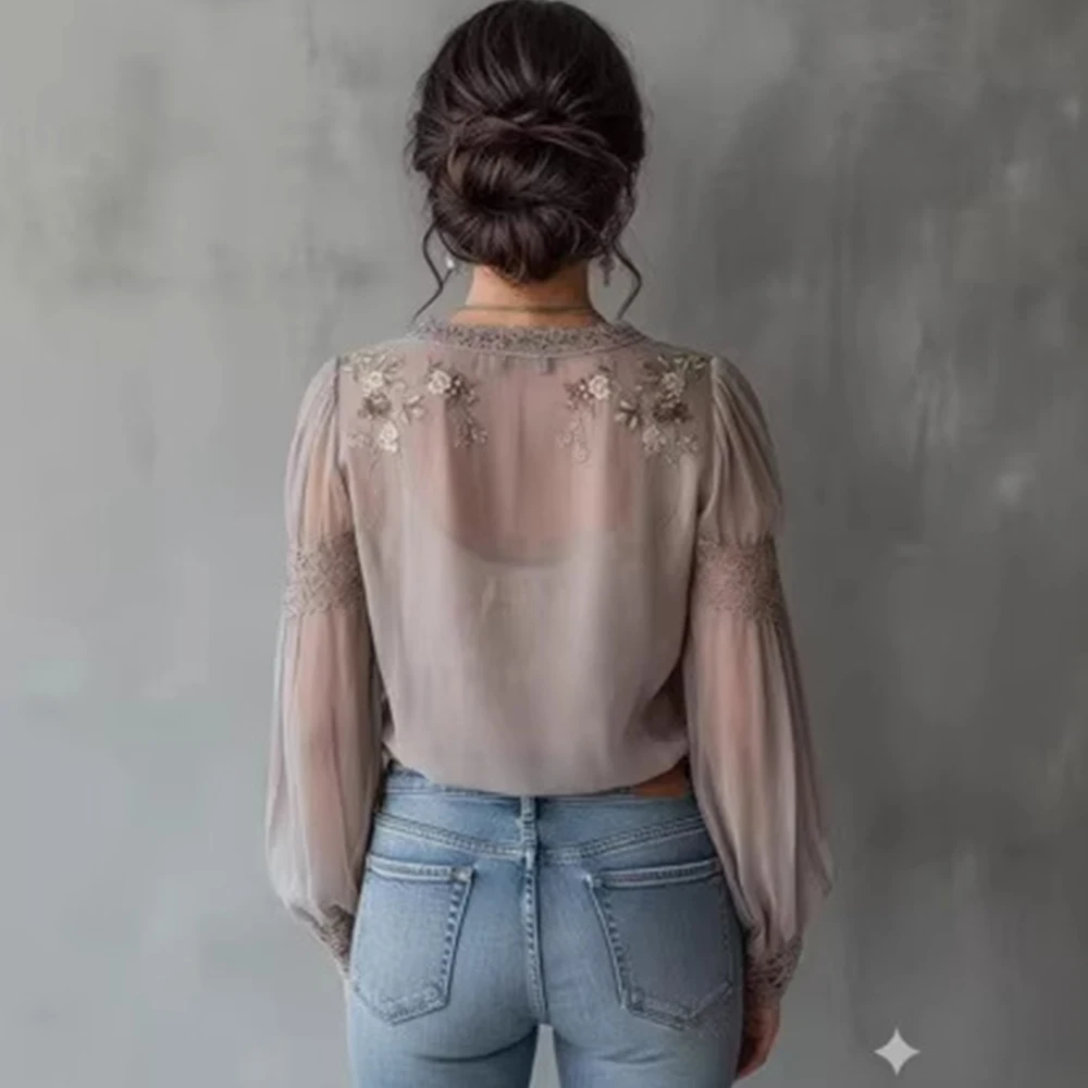 Women's Boho Floral Embroidered Blouse V Neck Lace Trim Sheer Chiffon Long Puff Sleeve Button Down Casual Top