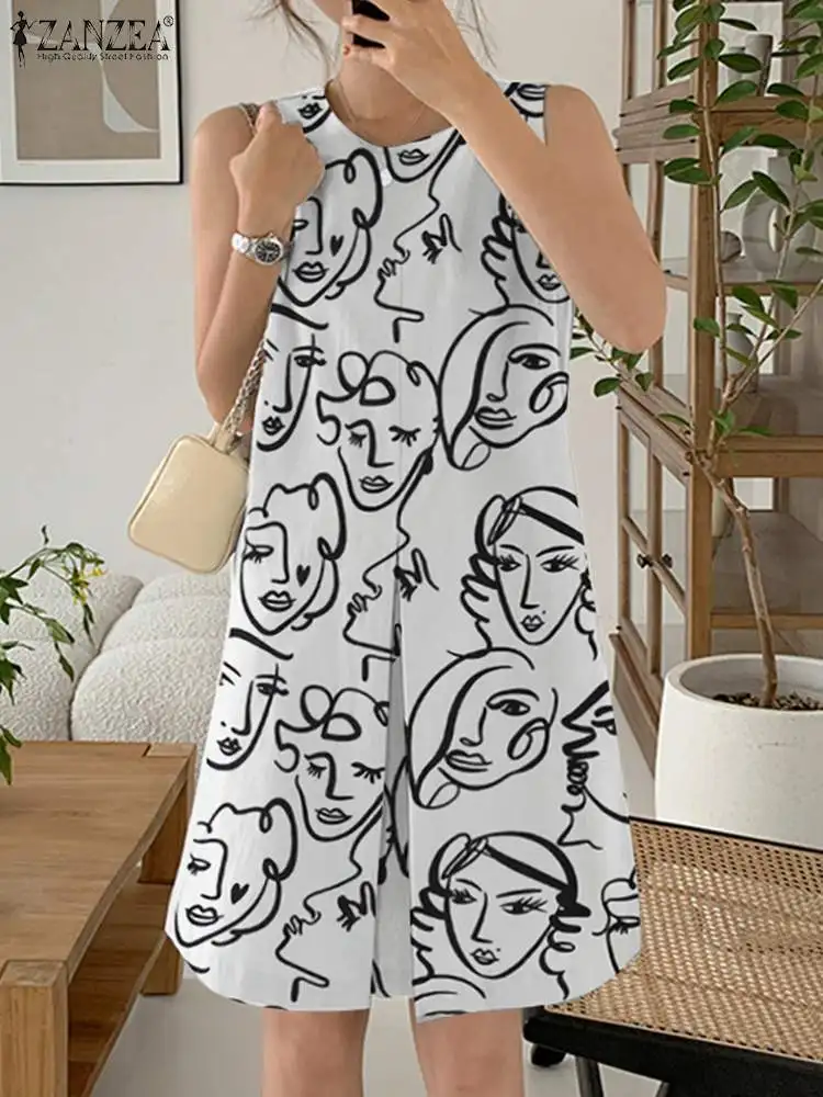 ZANZEA Women Summer Short Sleeve Vestidos Casual Loose Sundress Baggy Robe Femme Bohemian Printed Dress Oversized Streetwears