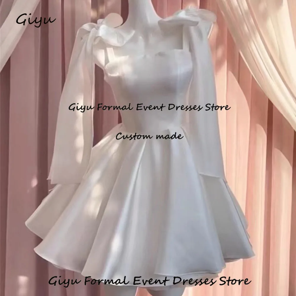 

Giyu A-line Bow Mini Wedding Dresses 2024 Draped Sleeveless Mini-Length Above Knee Birthday Party Dress Prom Dress 웨딩드레스