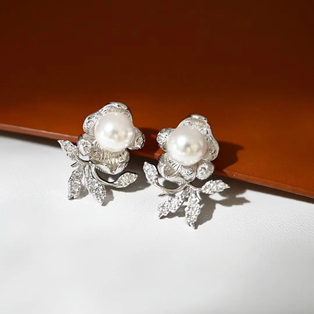 Wholesale S925 Sterling Silver Earrings Mount Findings Settings Base Mounting Parts Accessory for 7-8mm Pearls 5 pairs/lot
