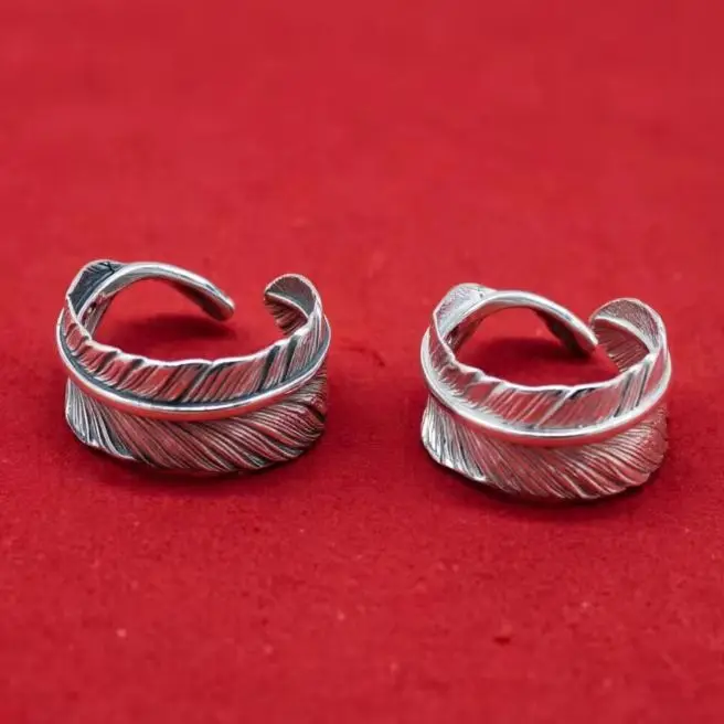 

Gaoqiao 925 Sterling Silver Men's and Women's Rings Personalized Simple Feather Vintage Open Thai Silver Fashion Jewelry Ring Wi