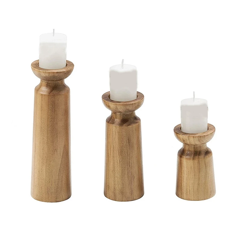 

3PCS Natural Wooden Candle Holders, Retro Style Wedding Candlesticks, Festive Table Decor For Home & Parties