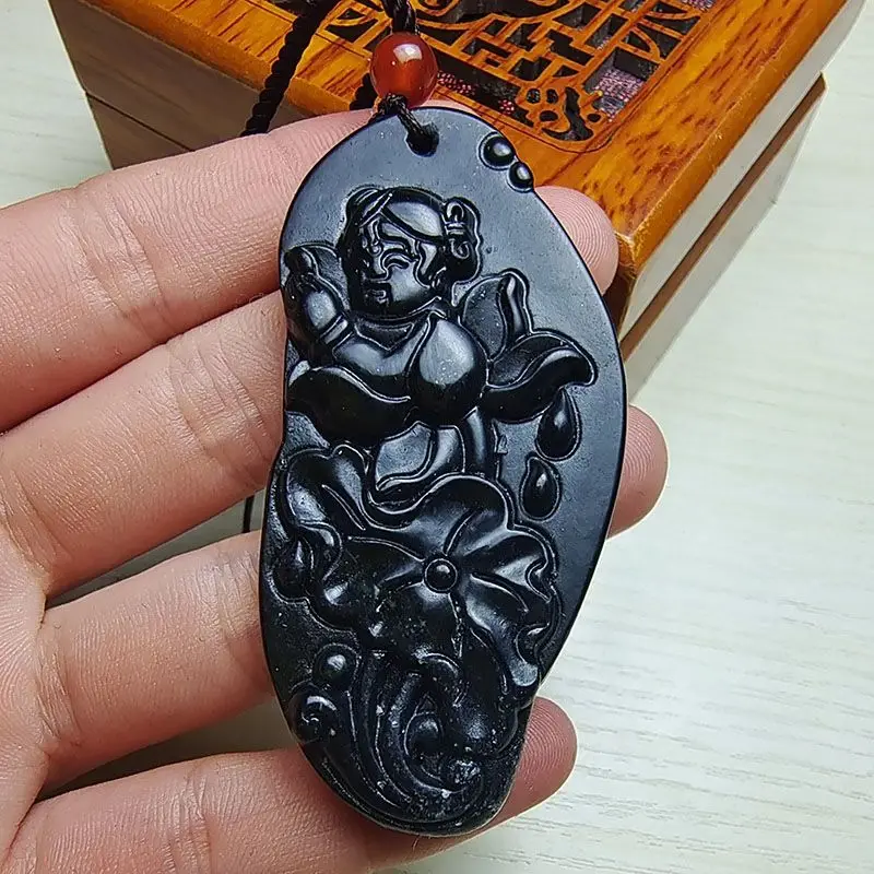 Double-sided Golden Boy and Jade Girl Pendant Medicine King Stone Gold Jade Good Edge Necklace Pendant