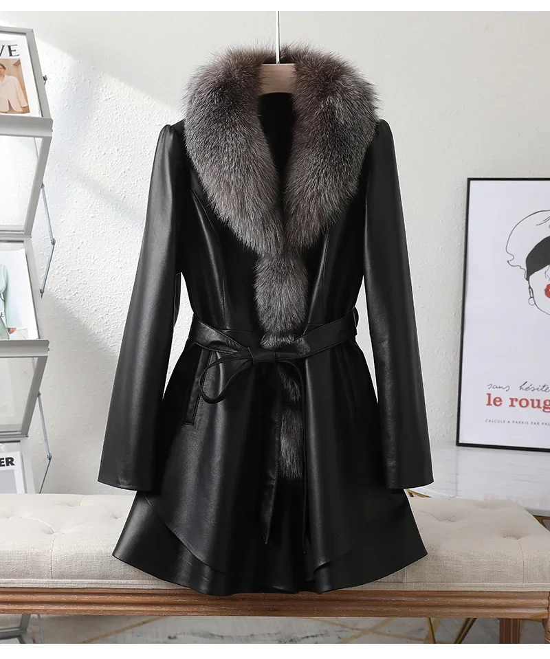 2024 เสื้อหนังSheepskinสําหรับสตรีความยาวกลางใหม่Silver Blue Fox Fur Collar Coat,อินเทรนด์เข็มขัด,Slim Fit