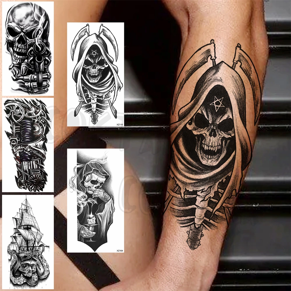 Realistic Skull Sickle Temporary Tattoos For Women Adult Men Robot Pistol Pirate Ship Fake Tattoo Arm Body Art Washable Tatoos