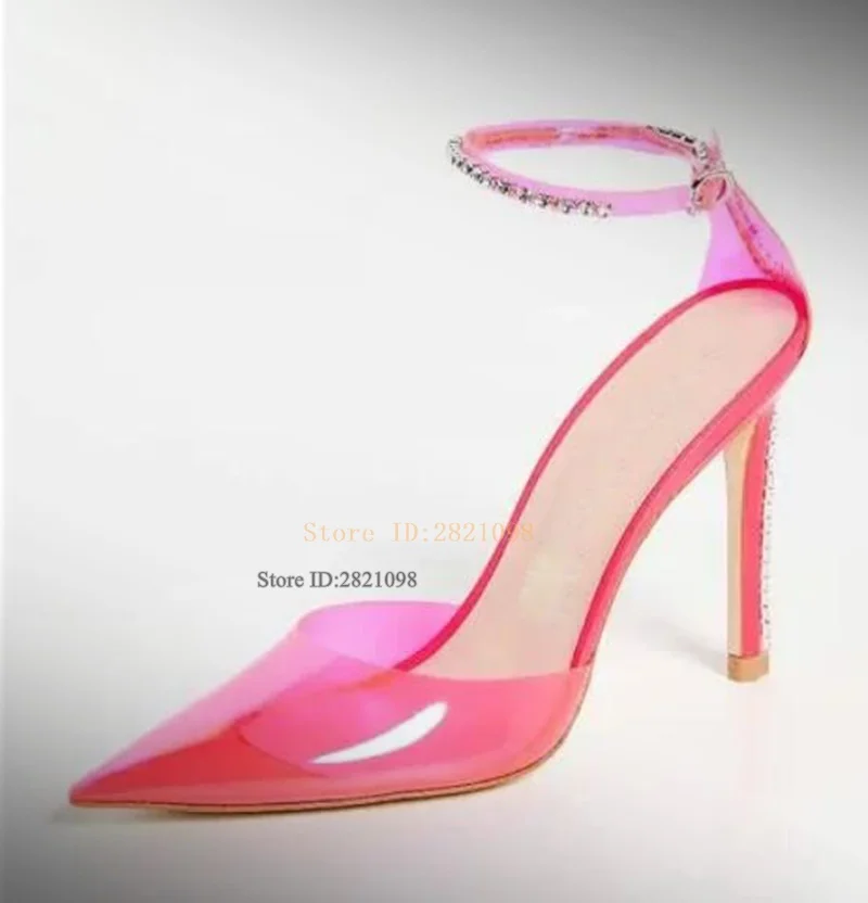 Glam Transparent Pvc Rhinestone Crystal Pointed Toe Pump Heeled Ankle Strap Women High Heel Pointy Dress Shoes