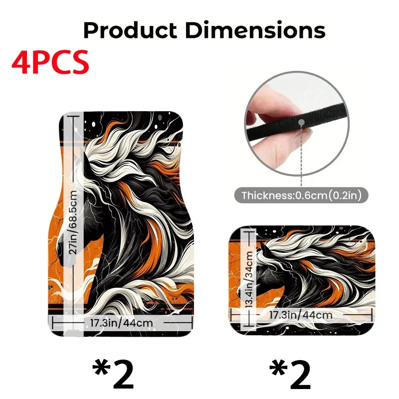 5pcs Stylized Horse Car Floor Mats | Polyester Material, Bold Graphic Style With Black, White, Orange Contrast, Universally Appl