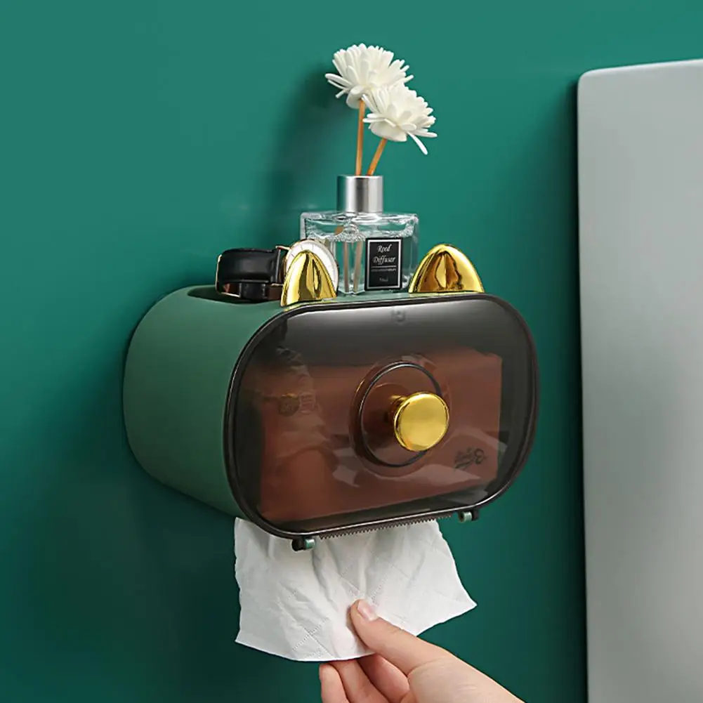 Tissue Box Wall Mounted Punch-free Strong Adhesive Fortune Cat Strong Load-bearing Tissue Holder No Marking Toilet Tissue Box