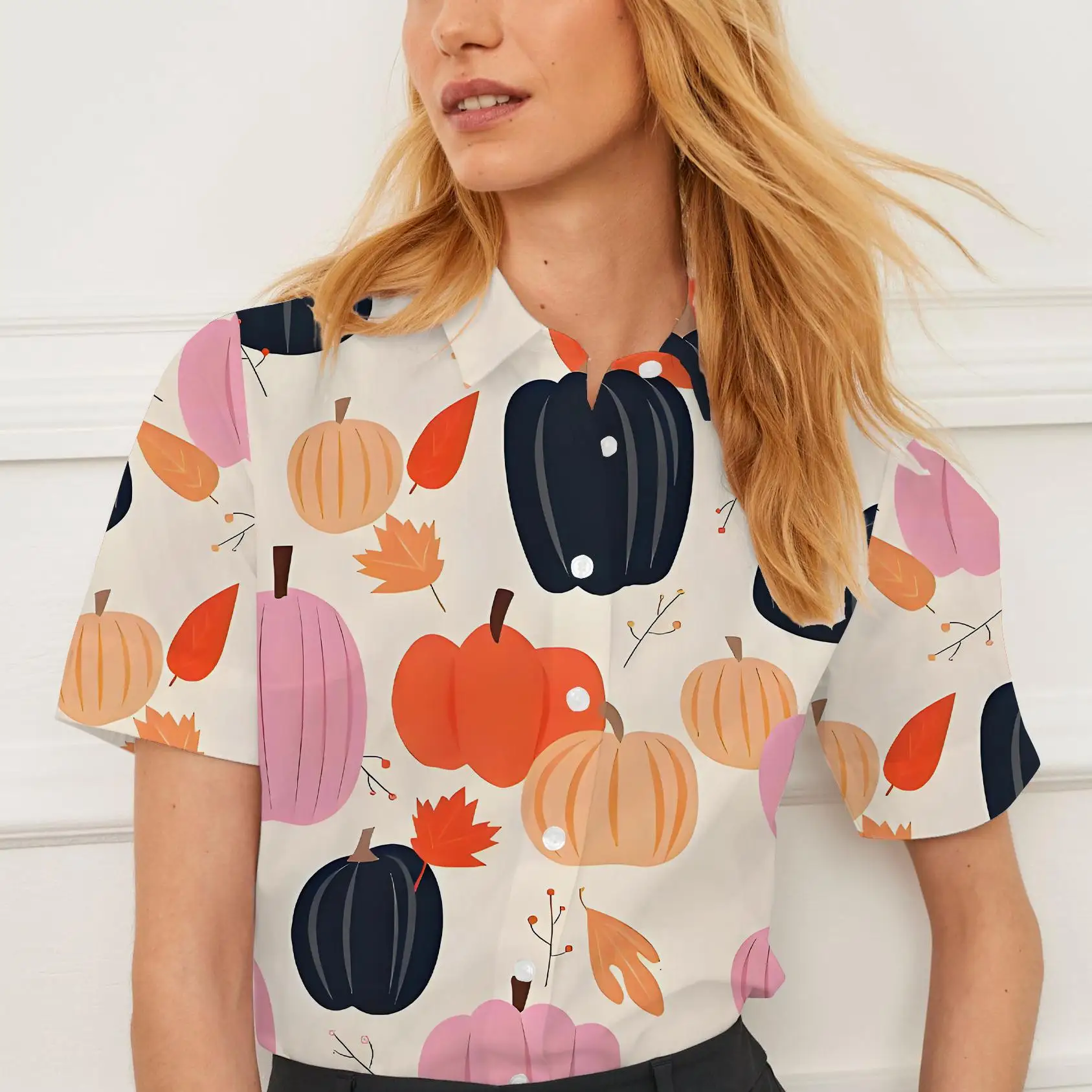 Summer shirt short sleeves for women Christmas pumpkin pattern design breathable suitable for daily or formal wear stylish