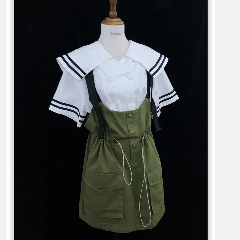 Japanese School Uniform Suspender Skirt Student Navy Costume Cute Women JK Suit Sailor Blouse Pleated Skirt Set