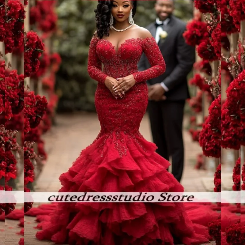 

Charming Red Sequin Wedding Dresses African Off The Shoulder Bridal Gowns Tiered Ruffles Vestidos De Novia Females Customized