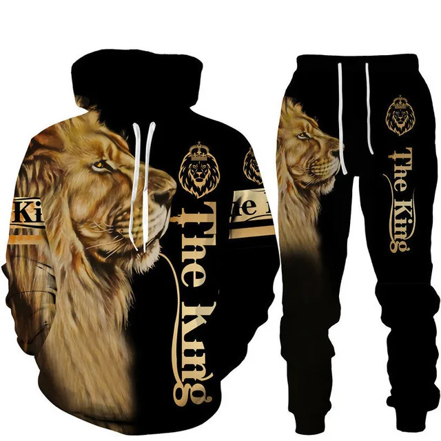 Plus Size Men\'s 3D Lion Print Hoodie Pant Suit Casual Hooded Sweatshirt Sweatpants Set For Summer Autumn Men\'s Clothing 2pcs Set