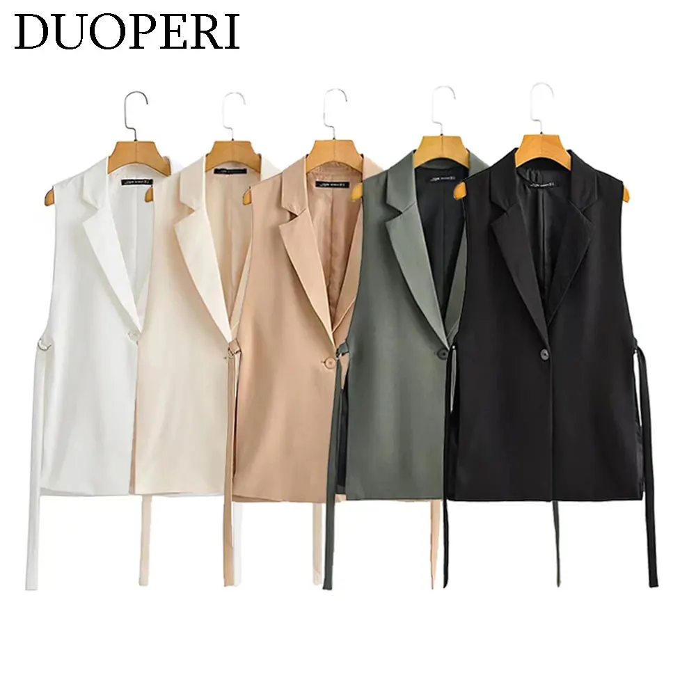 DUOPERI Women Y2K Solid Vest Notched Neck Sleeveless Side Slit Opening Lace Up Female Chic Lady Casual Waistcoat Outfits