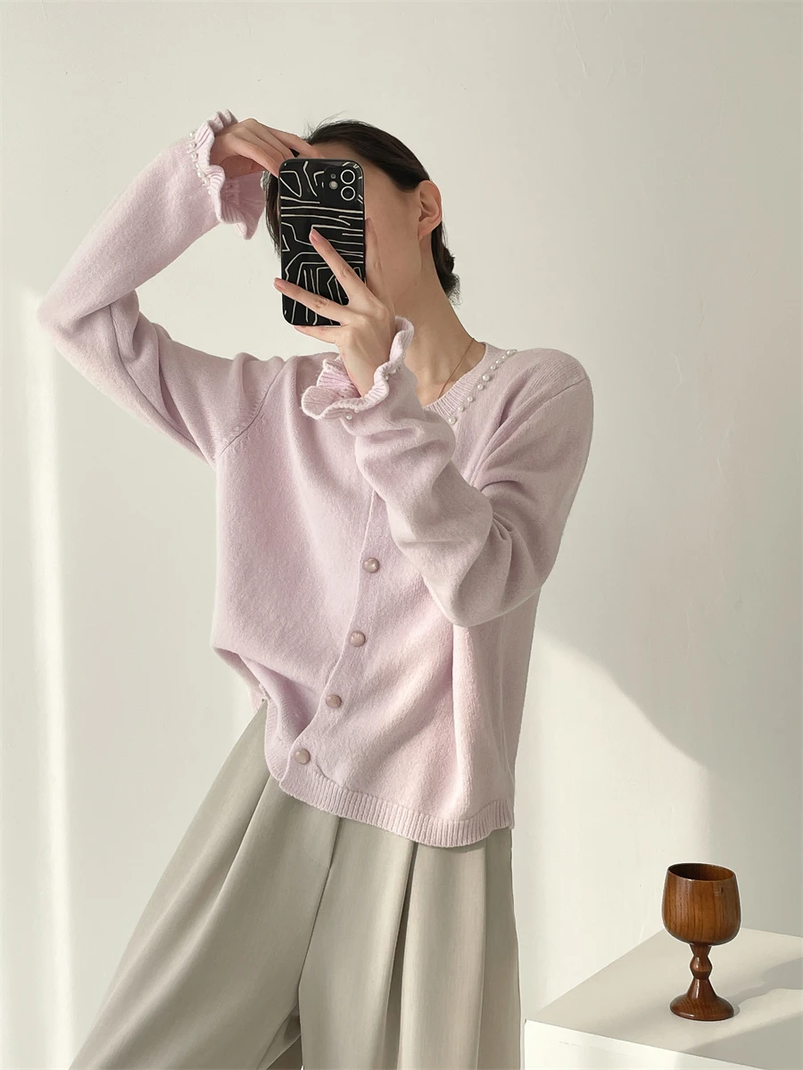 

Soft Knitted round Ne Cardigan Women's Sle Handmade Bead Earlet Sve Casual Loose Fit Knitwear Spring Season Ladies' Fa...