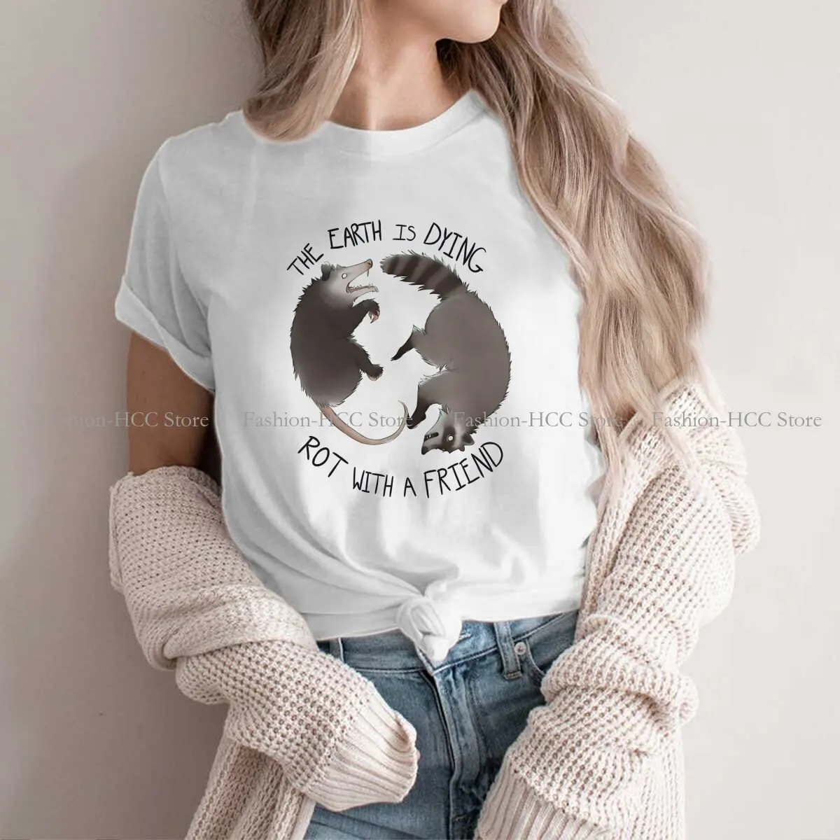 

Cute Opossum Polyester TShirts The Earth Is Dying, Rot With A Friend Print Homme T Shirt Funny Clothing