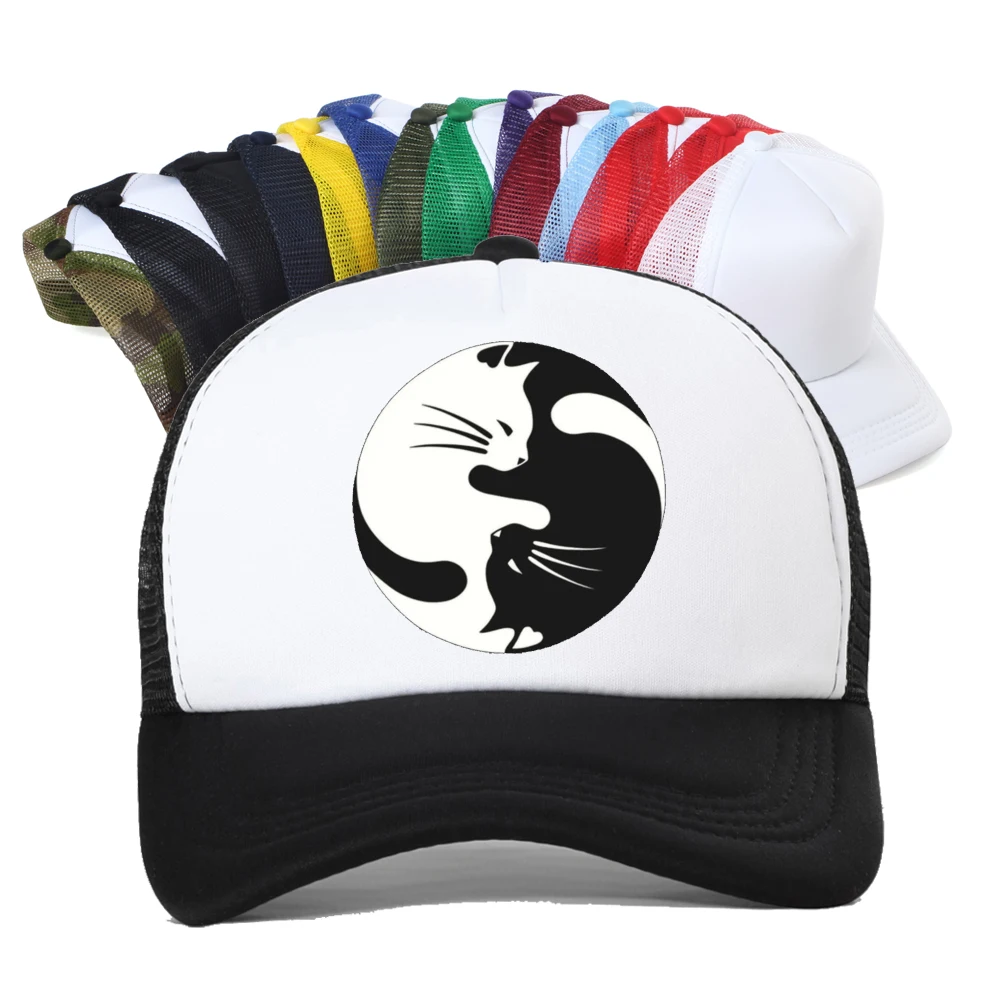 Yin Yang Cats Kittens Funny Cute Print Baseball Cap Women Harajuku Summer Mesh Net Trucker Hat
