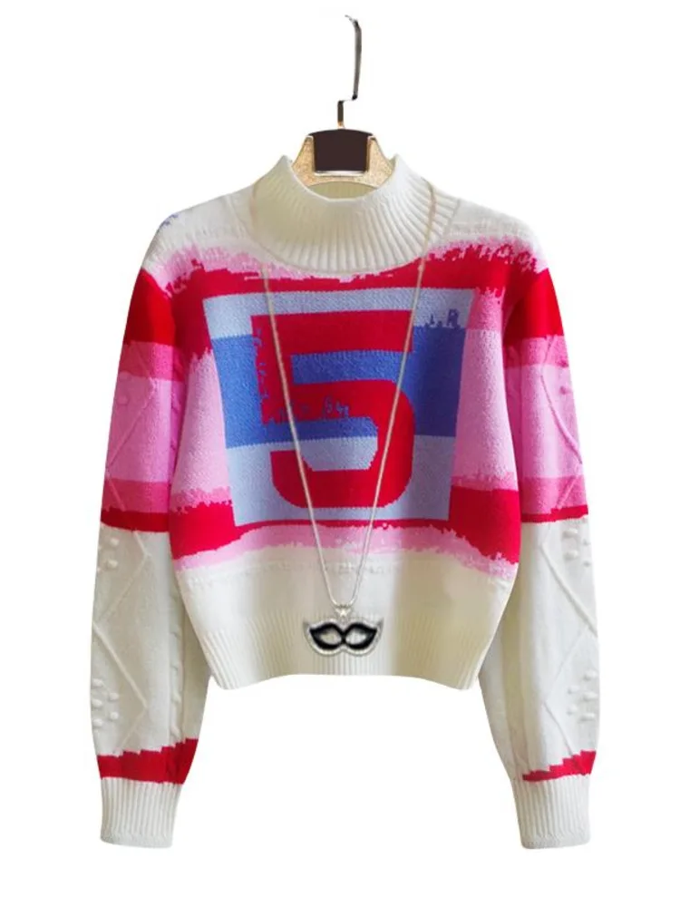 Runway Letter Striped Turtleneck Sweater Women Autumn Winter Clothes Y2k Vintage Sweaters Pink Chic Knitwear Top Pull Femme