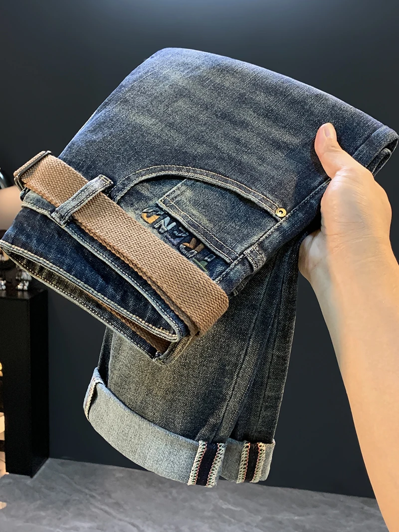 

Облегающие джинсы с вышивкой букв, мужские повседневные прямые хлопковые эластичные джинсы, осенние новые модные брендовые эластичные длинные брюки