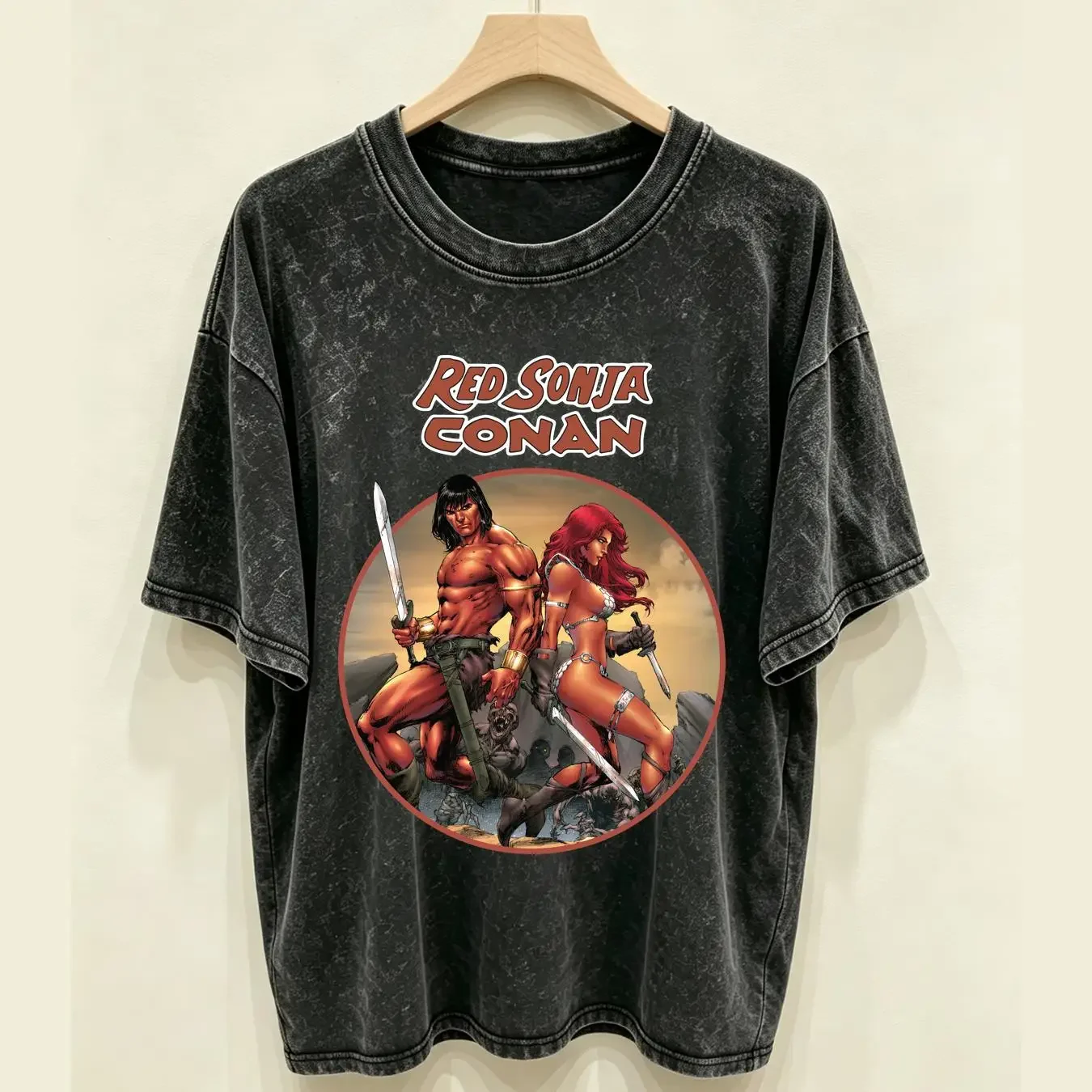 washed T Shirt Conan The Barbarian and Red Sonja All Size S 4XL YI418 long sleeves vintage Washed fashion Casual Stretched