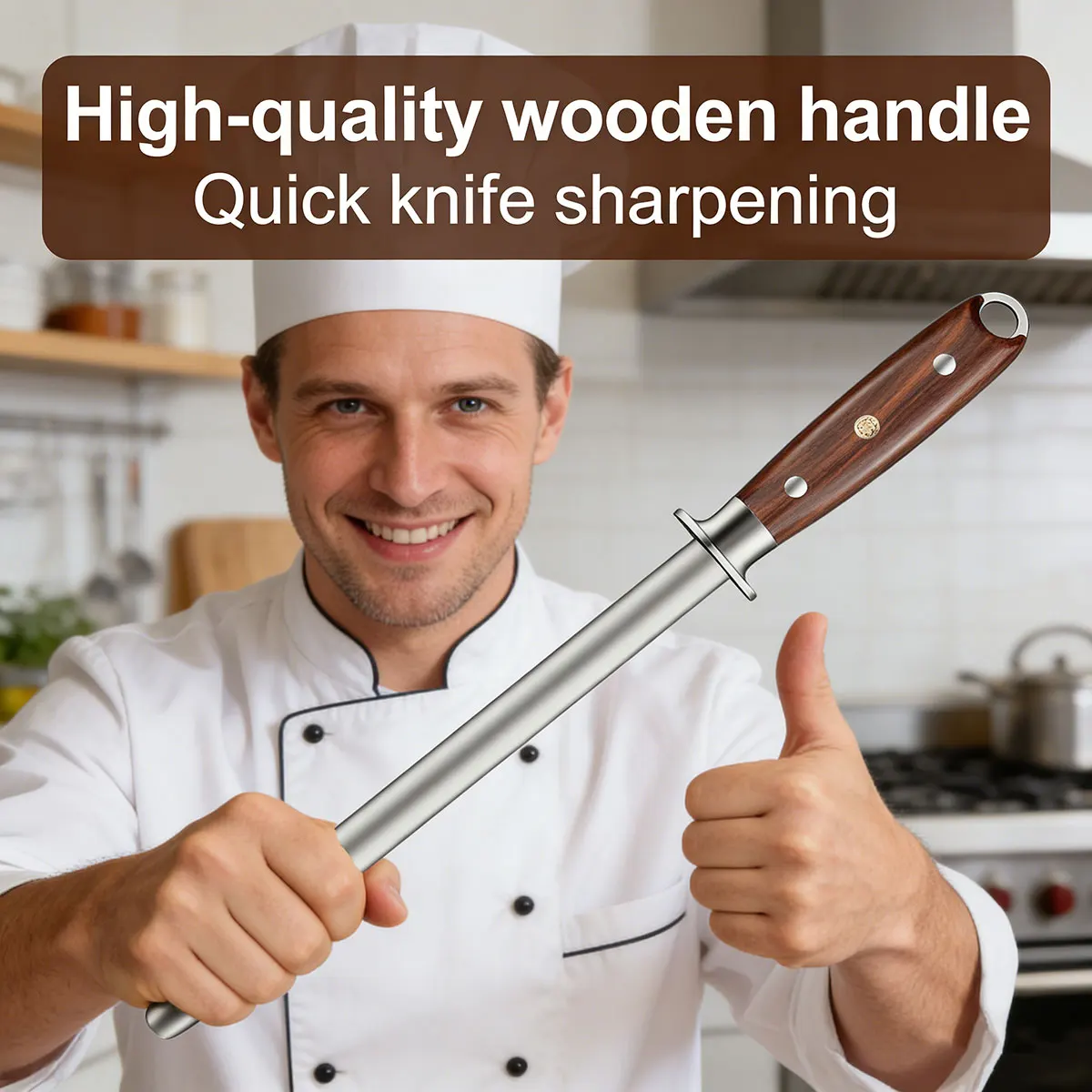 Wooden Handle Diamond Sharpening Rod Tungsten Steel Carbon Steel, Slaughterhouse Butcher Ceramic Household Knife Sharpener
