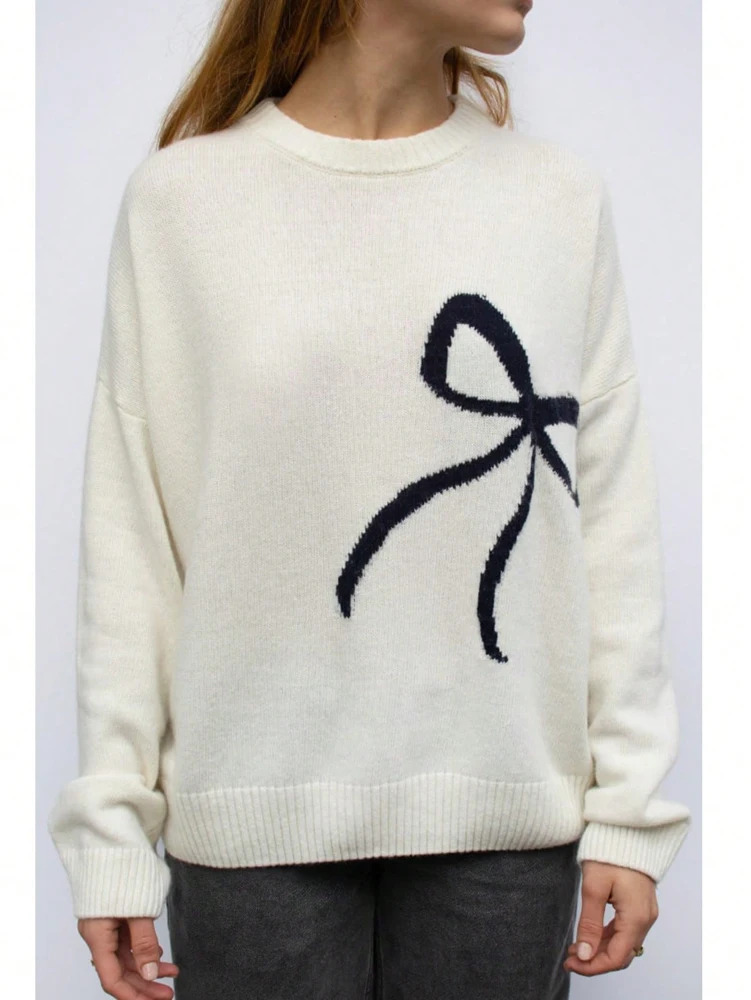 2025 الخريف/الشتاء مجموعة جديدة المرأة أنيقة ومتعددة الاستخدامات القوس التفاصيل فضفاضة تناسب التخسيس بلوفر مغزول #2