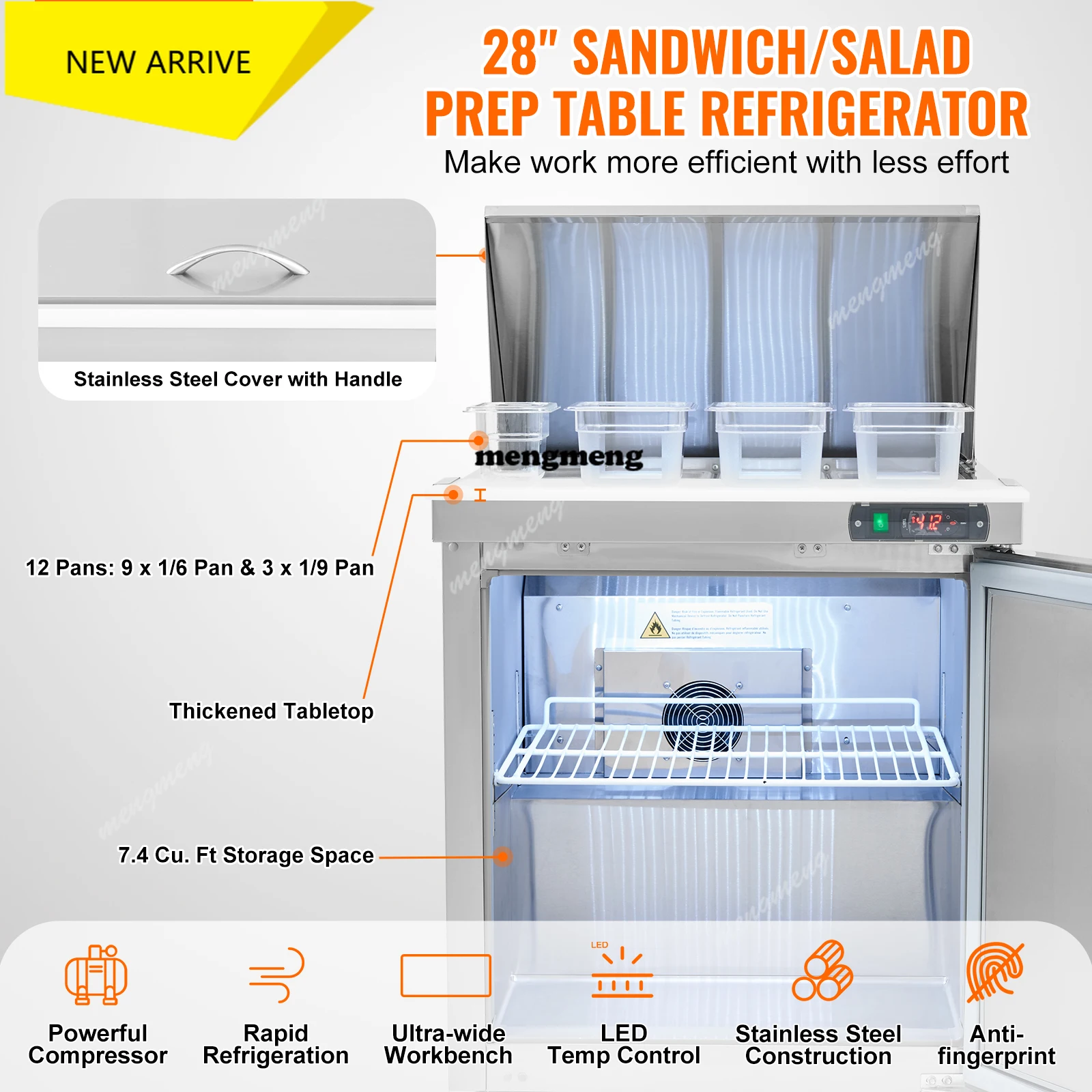 

Commercial Refrigerator Sandwich Salad Prep Table 7.4 Cu.Ft Stainless Steel Refrigerated Food Prep Station with Pan