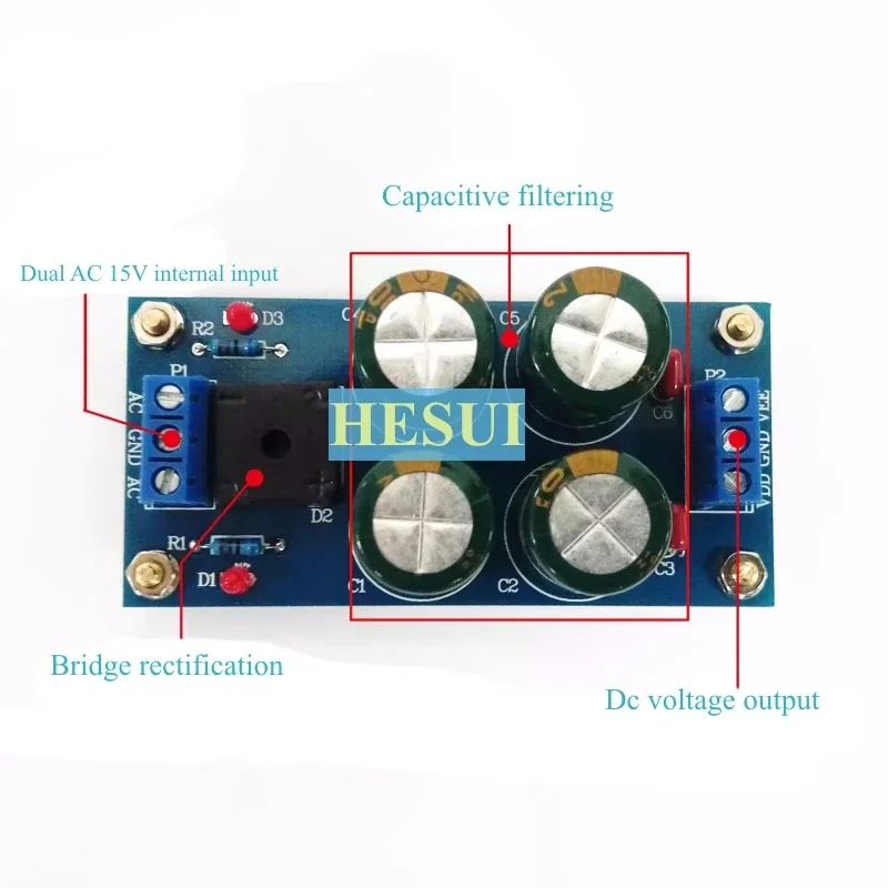 Power rectifier filter module with dual AC 15V input rectified output positive and negative DC voltage