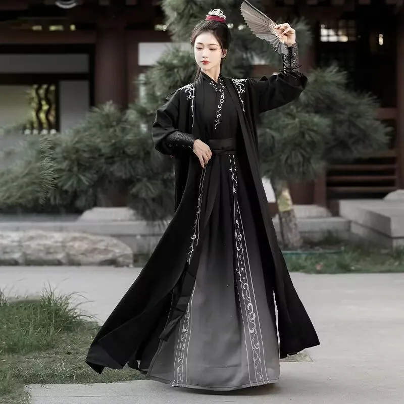 

Hanfu Costume Women Men Chinese Traditional Black Hanfu Cosplay Costume Shirt+Skirt+Coat+Bracer+Belt Hanfu 5pcs Sets For Unisex