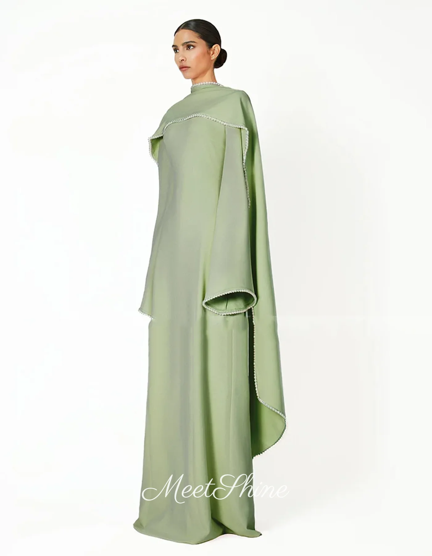 Grass Green Long Sleeve High Neck Evening Dress Dubai Luxury A-Line Beading Prom Dress Customized Formal Wedding Party  Dress