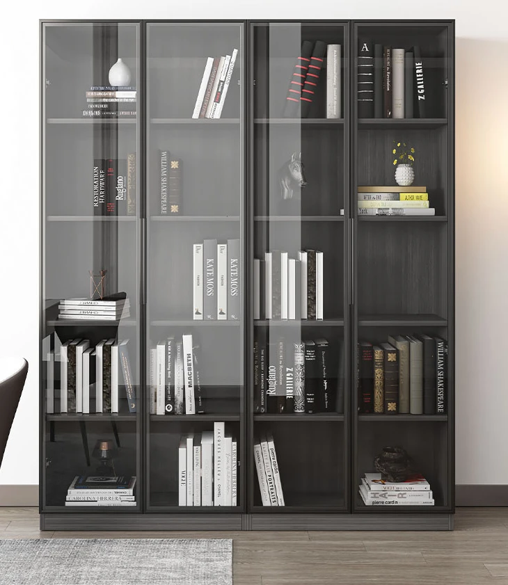 Floor to floor bookcase with glass door, combined bookshelf, minimalist modern handmade display living room