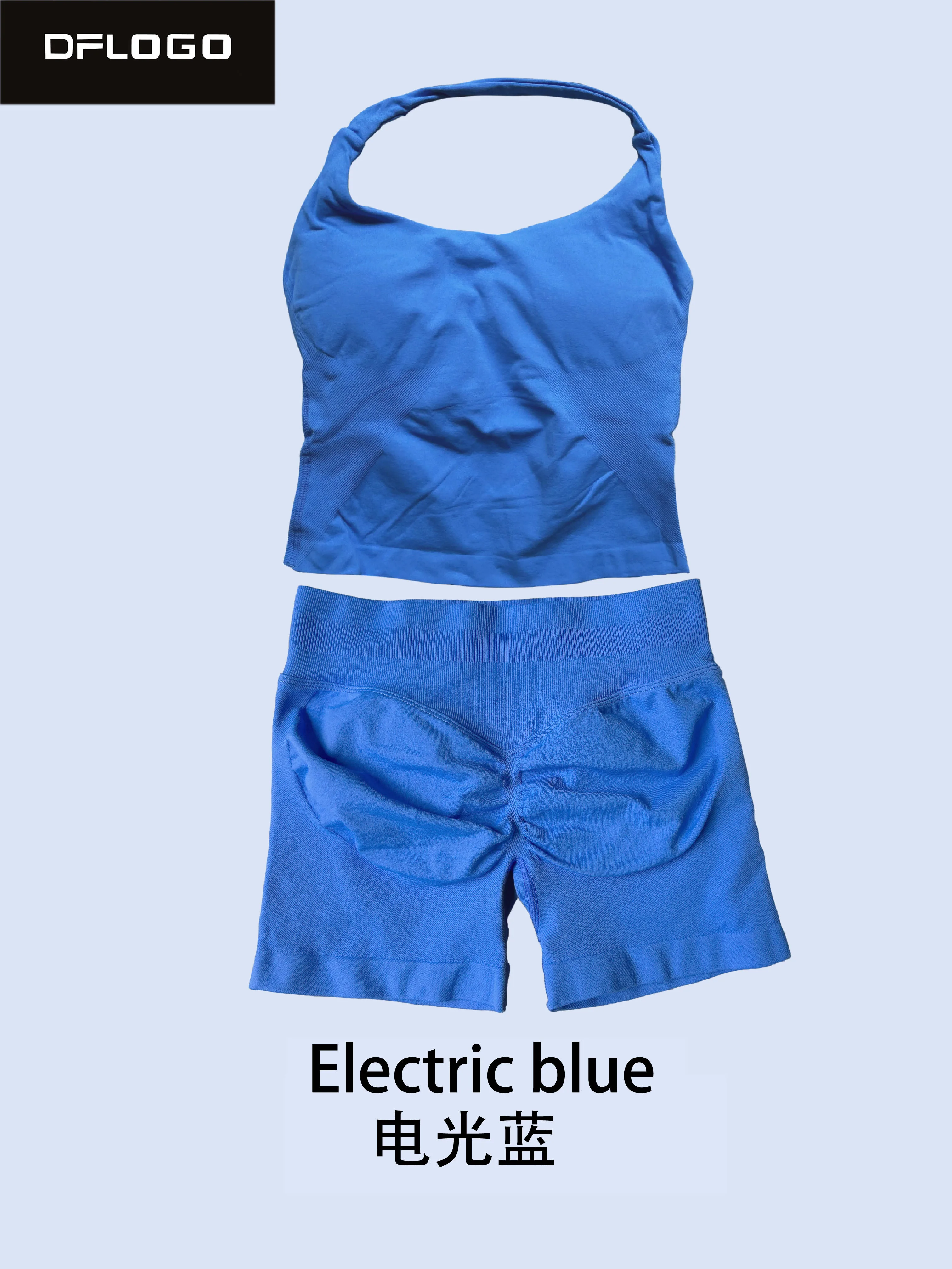 DFLOGO Dames 2-delige Yoga Set Halter U-hals Crop Top Hoge Taille Buikverstevigende Biker Shorts Naadloze Gym Workout Sport Trainingspak