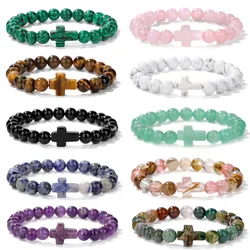 Natural Stone Cross Bracelets For Men Women Prayer Meditation Rose Quartzs Tiger Eye Onyx Beaded Bracelet Yoga Jewelry Homme