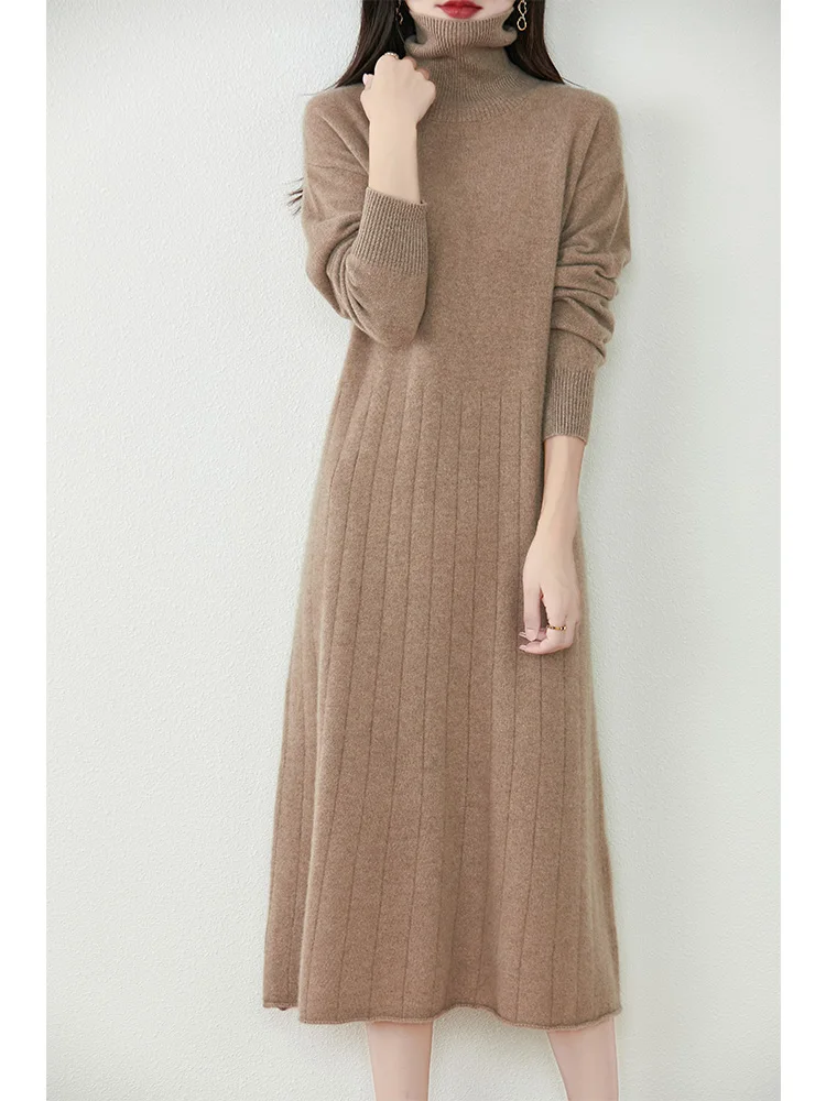 Women\'s Pure Wool Knitted Long Dress, High Collar, Bat Sleeves, Slim, Elegant, Casual, Fashionable, 2024 Autumn/Winter