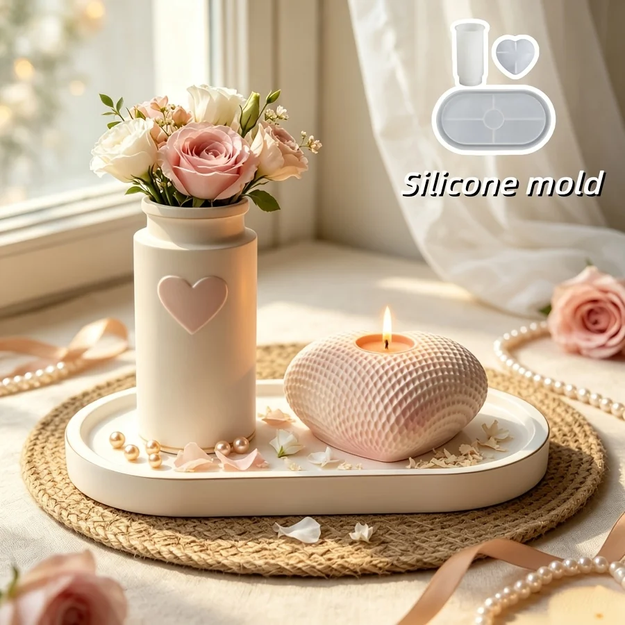Straight vase grid heart-shaped oval tray silicone 3-piece set mold, resin drip silicone, home decoration,Christmas gifts，crafts