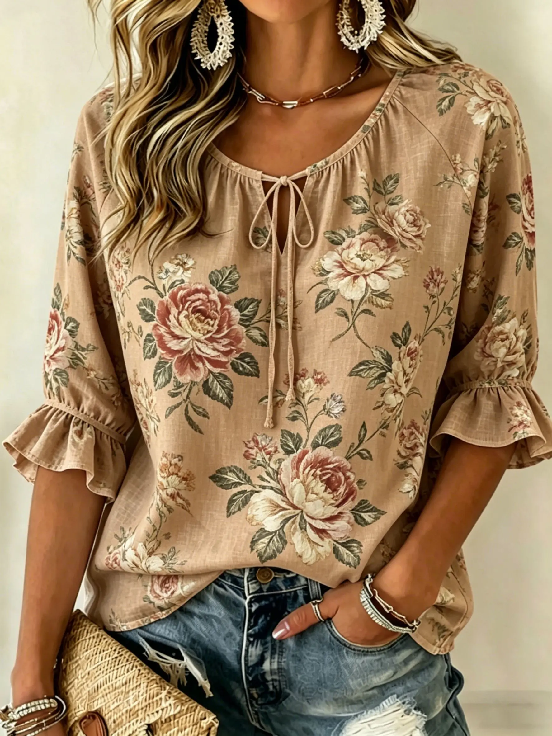 Women's Khaki Vintage Floral Print Tie Neck Blouse, Casual Loose Tops for Spring Summer Daily Wear & Vacation Occasions