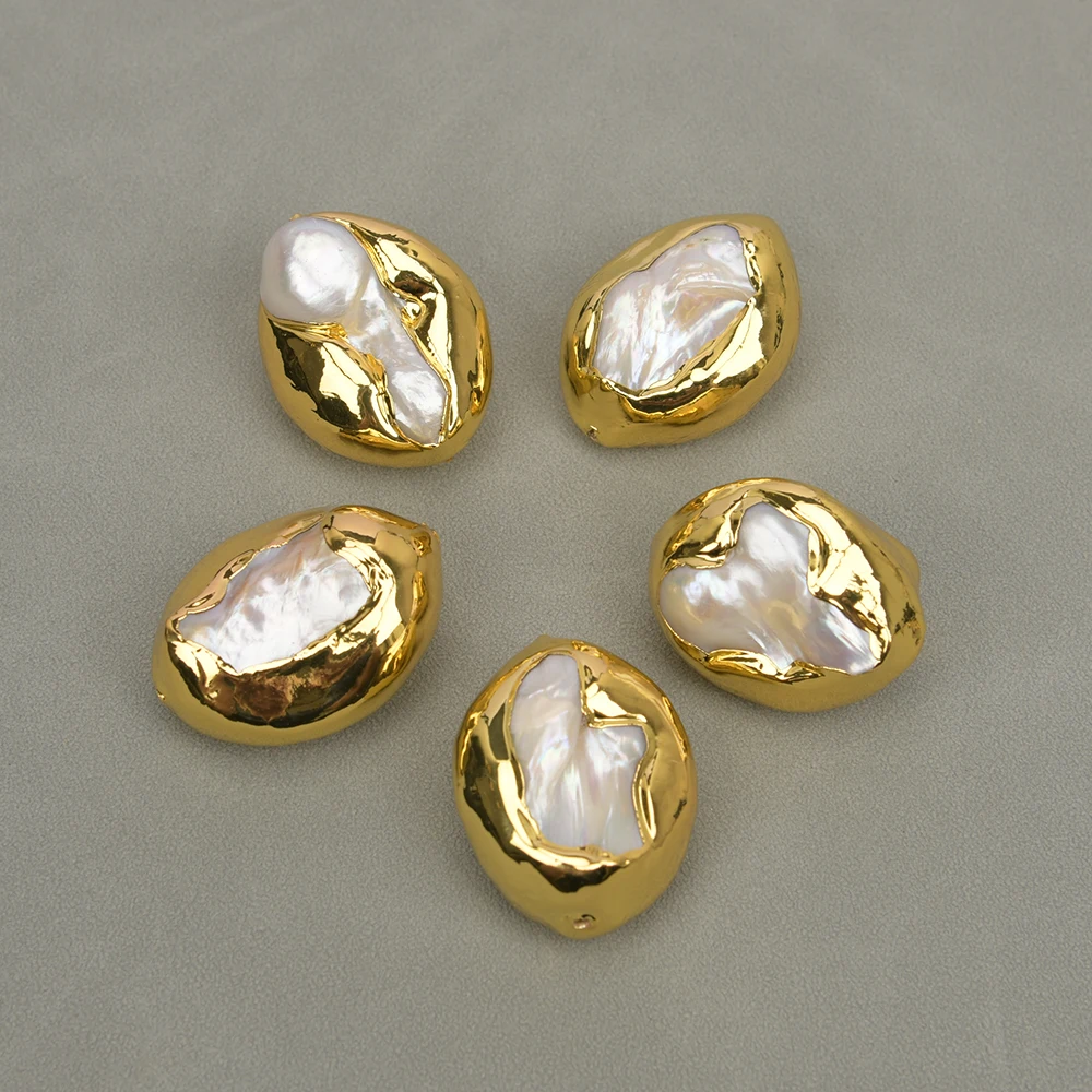 

APDGG Wholesale 5 Pcs Oval Shape Teeth Shell Keshi Pearl 24K Gold Plated Edge Loose Beads For DIY Jewelry Findings