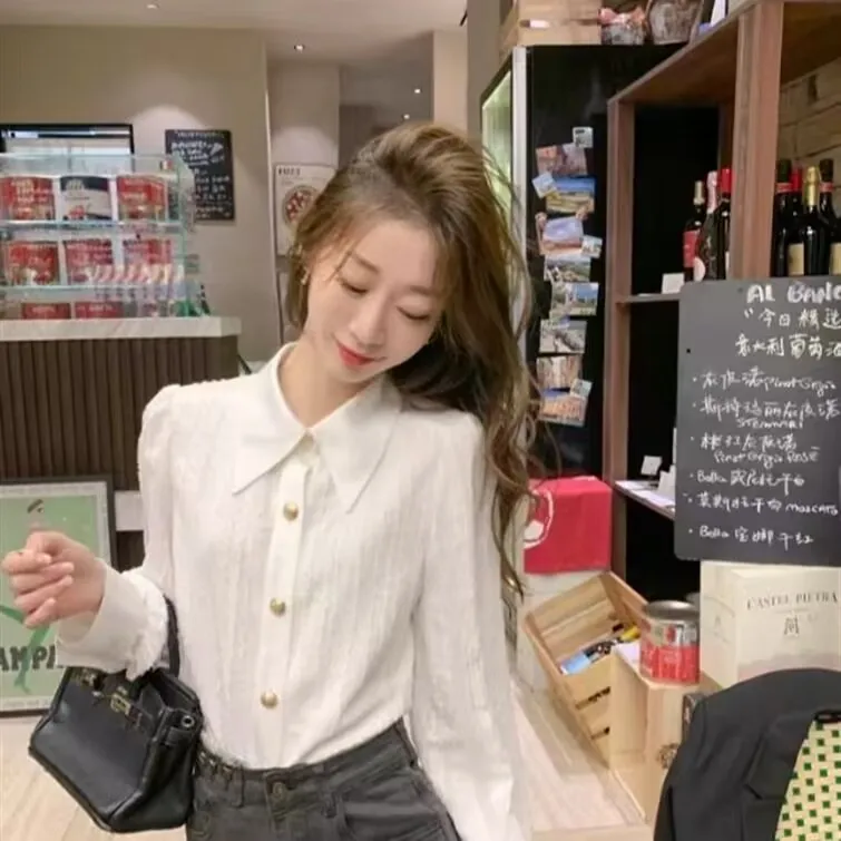Primavera otoño mujer camisa de manga larga Oficina señora elegante camisa Base blanca blusa nueva 2025 invierno mujer camisa de lana cálida