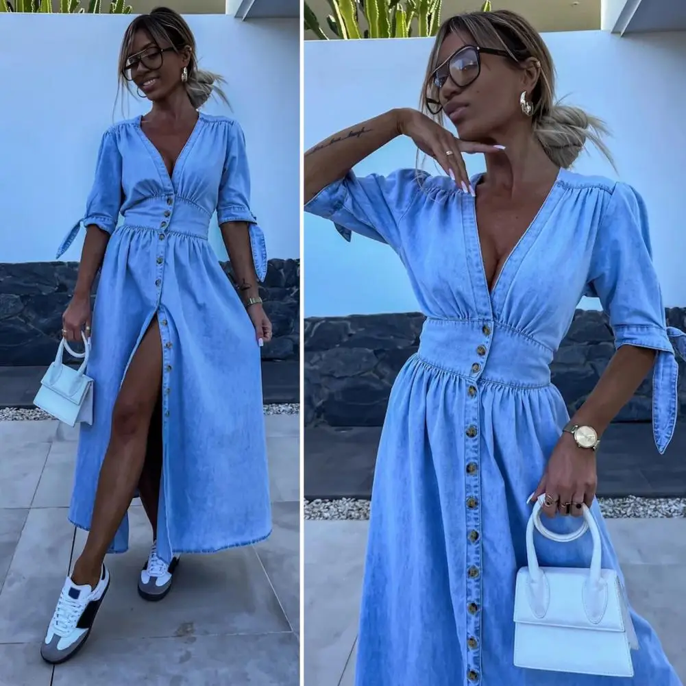 

Long Dress Elegant Denim Maxi Dress with V Neck Pleated A-line Silhouette High Split Hem for Commute Dating Women Denim Dress