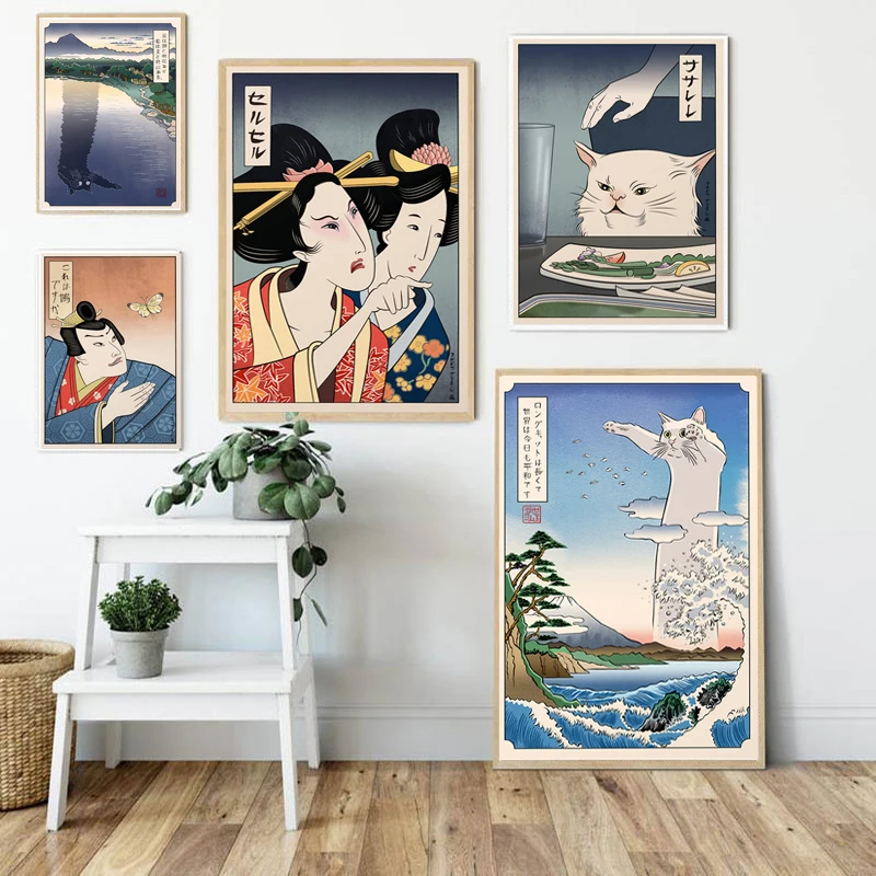 Funny Cute Canvas Painting Japanese Geisha Woman Yelling At Cat Posters and Prints Wall Art Pictures Bedroom Home Decor Cuadros