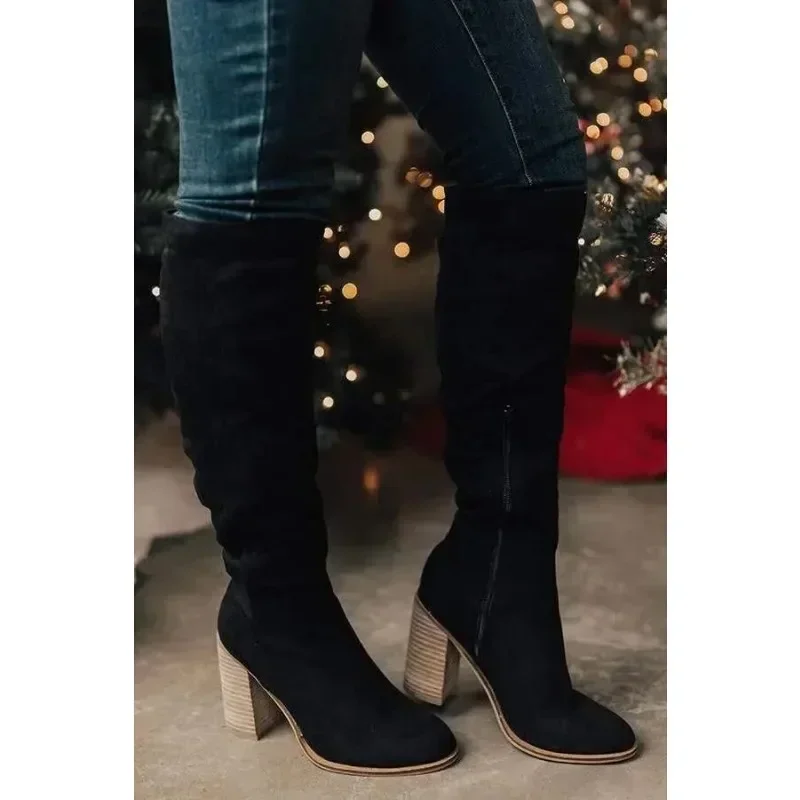 2024 Damskie buty do kolan Sexy High Heels Solid Color Women Shoes Zip Winter Warm Flock Fashion Pointed Toe Rome Women Boots