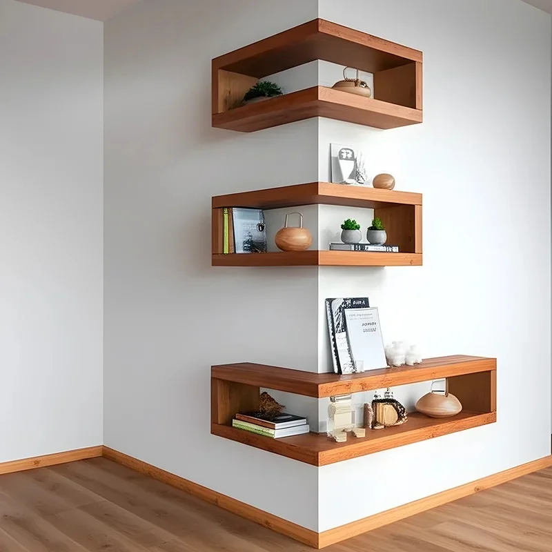 ‌Geometric Floating Corner Wall Shelf Solid Wood - Farmhouse Storage Organizer Living Room Bedroom Space Saver