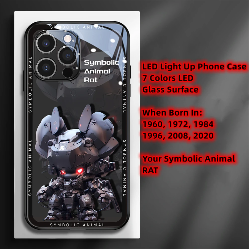 12 Zodiacal Animals Mecha LED Light Up Glass Phone Case Back Cover For iPhone 15 14 13 12 11 Pro Max X Xs Xr Plus 7 8 SE2020